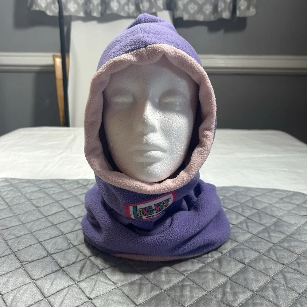 Vtg L-Bow Long-Neck Fleece Balaclava Hood Neck Warmer Purple Pink Kids Ski Mask